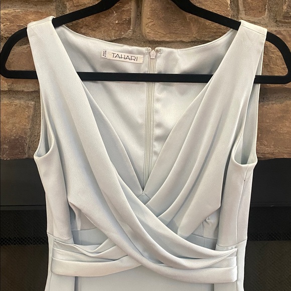 Tahari Shimmering sea foam green dress with draped neckline and side slit. 8 - Picture 2 of 12